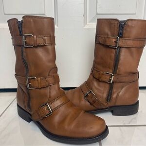 J. Crew moto boots brown leather buckle straps mid calf boho motorcycle 7